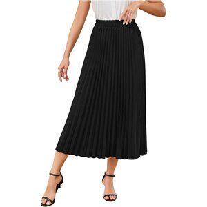 Women's Black Casual Solid Longline Pleated Long teacher outfits Maxi Skirt